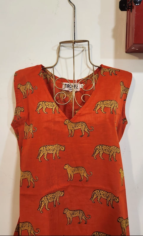 Naina's sleeve-less A-Line Top - Orange Lepord