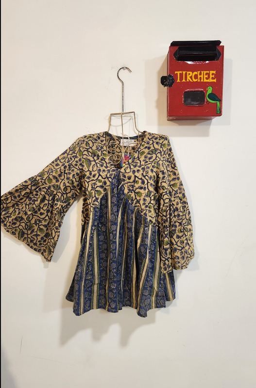 Tabeer's Flared Sleeve Top - Cream & Blue