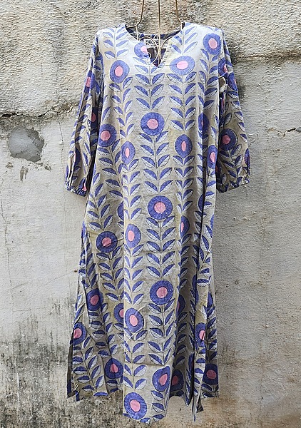 Rihana's Sleeved A-Line Dress - Grey & Flowers