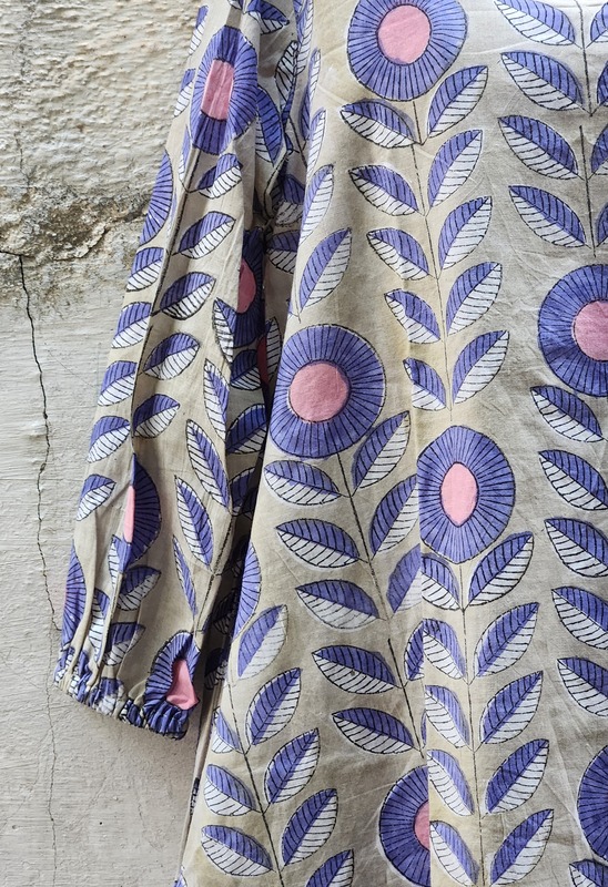 Rihana's Sleeved A-Line Dress - Grey & Flowers