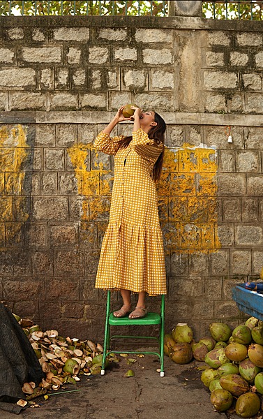 Tara's Belted Frill Long Dress - Mustard Yellow Gingham