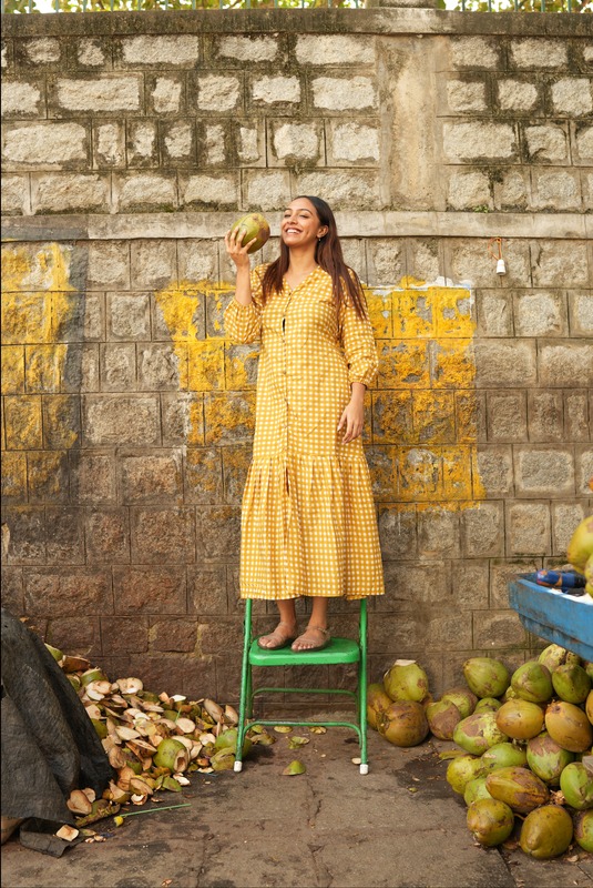 Tara's Belted Frill Long Dress - Mustard Yellow Gingham