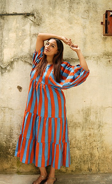 Jiya's Free-Size Flare Dress - Blue & Brown Stripes