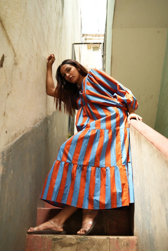 Jiya's Free-Size Flare Dress - Blue & Brown Stripes