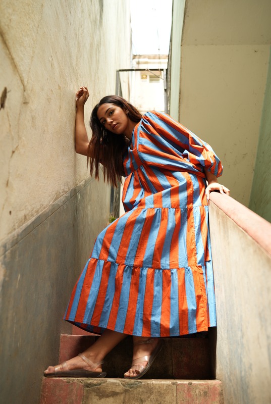 Jiya's Free-Size Flare Dress - Blue & Brown Stripes