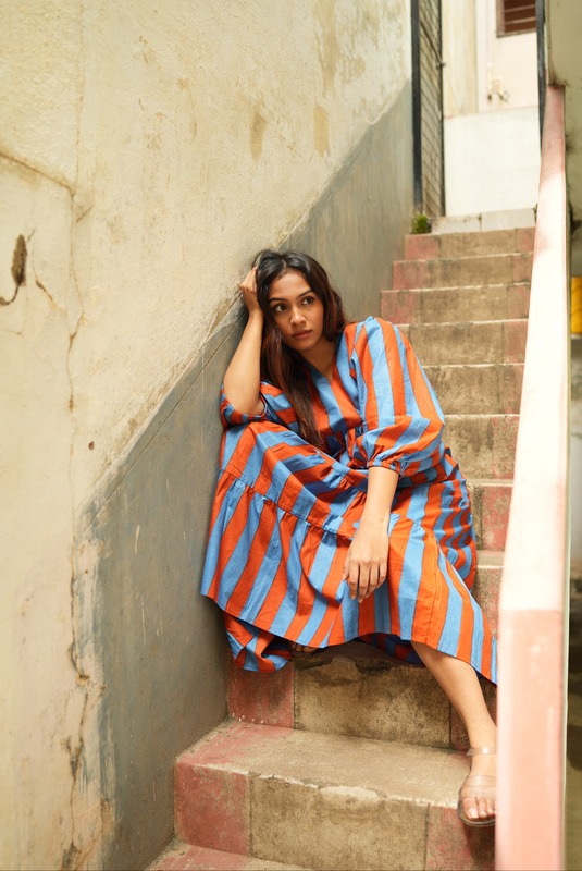 Jiya's Free-Size Flare Dress - Blue & Brown Stripes