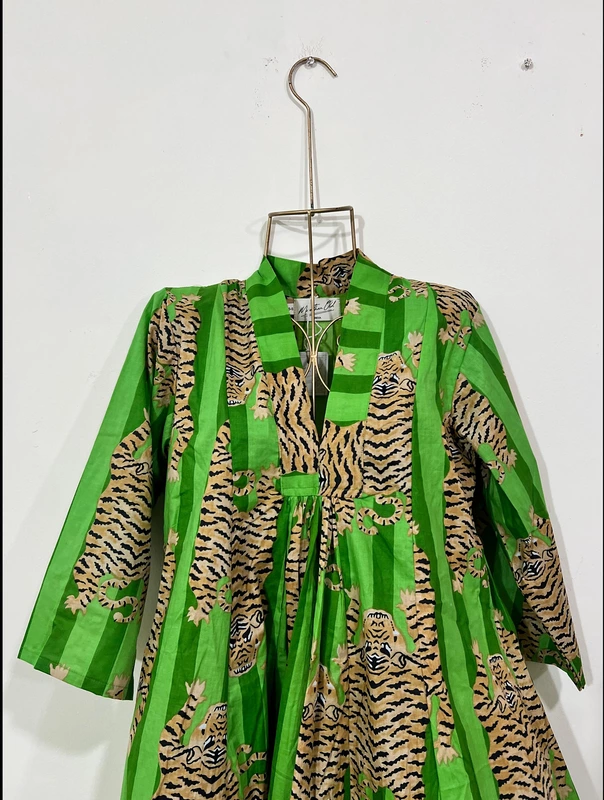 Amara's Everyday Flare Dress - Green Stripes with Tigers