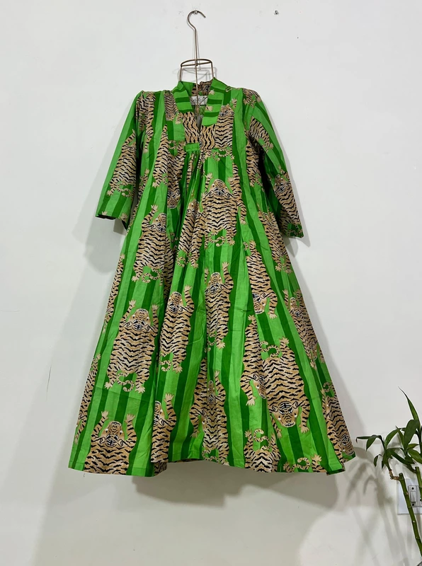 Amara's Everyday Flare Dress - Green Stripes with Tigers