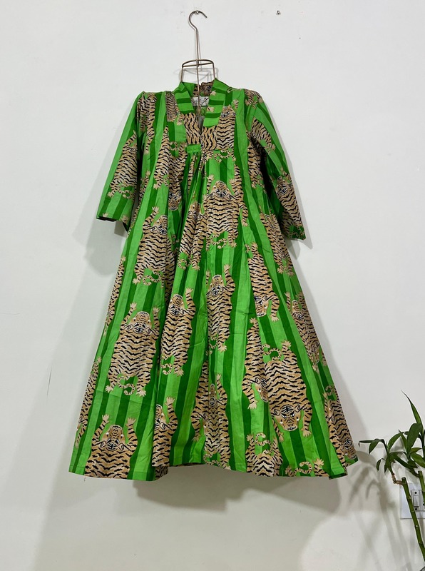 Amara's Everyday Flare Dress  - Green Stripes with Tigers