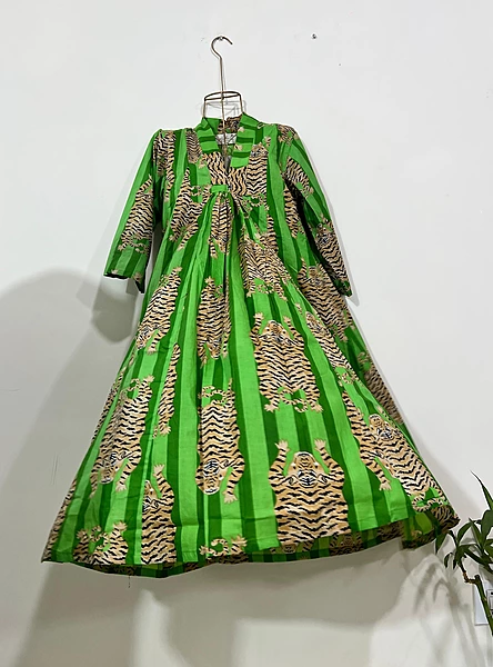 Amara's Everyday Flare Dress  - Green Stripes with Tigers