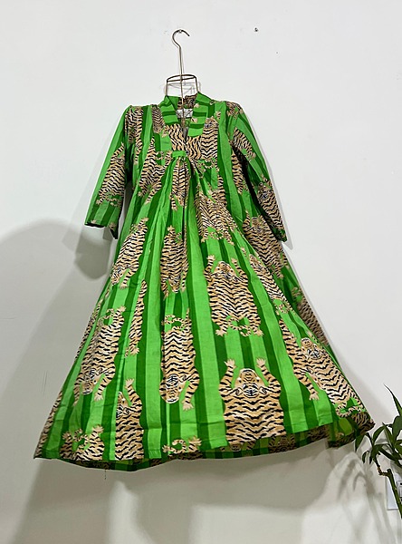 Amara's Everyday Flare Dress  - Green Stripes with Tigers