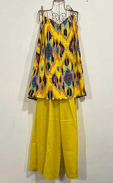 Rekha's Pin-Tuck Top + wide Culotte Pants Set - Yellow Ikkhat