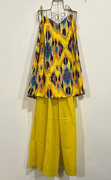 Rekha's Pin-Tuck Top + wide Culotte Pants Set - Yellow Ikkhat