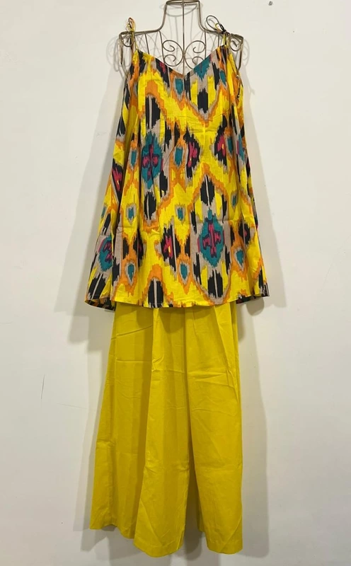 Rekha's Pin-Tuck Top + wide Culotte Pants Set - Yellow Ikkhat