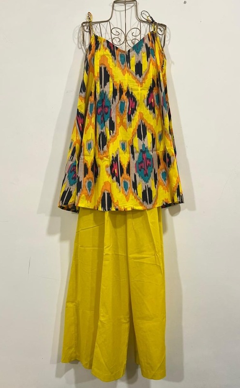 Rekha's Pin-Tuck Top + wide Culotte Pants Set - Yellow Ikkhat