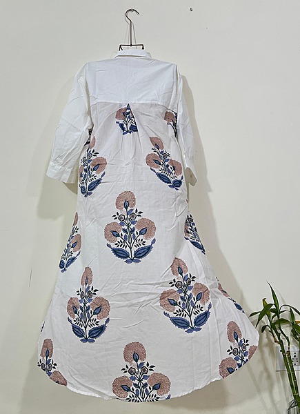 Meera's Button-Down Collared Dress -  White & BackBlue Flower