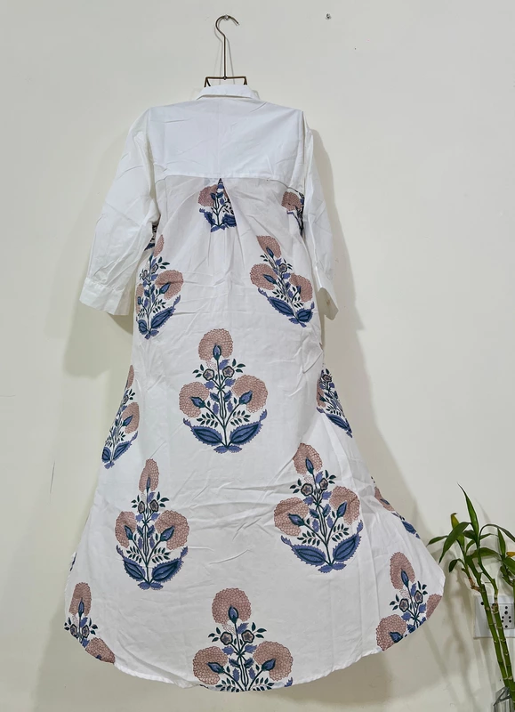 Meera's Button-Down Collared Dress - White & BackBlue Flower