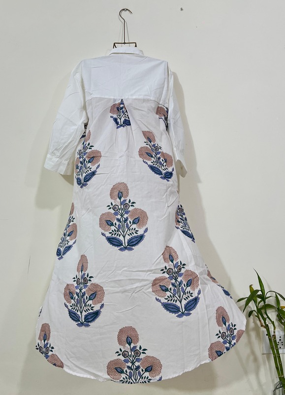 Meera's Button-Down Collared Dress -  White & BackBlue Flower