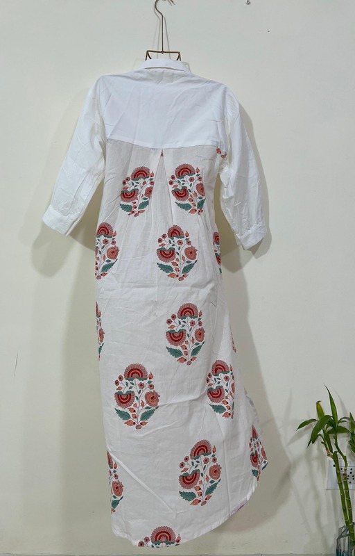 Meera's Button-Down Collared Dress -  White & Red Flower