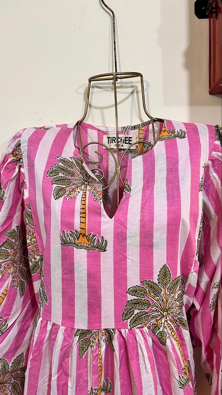 Jiya's Free-Size Flare Dress - Pink & White Stripes with Trees