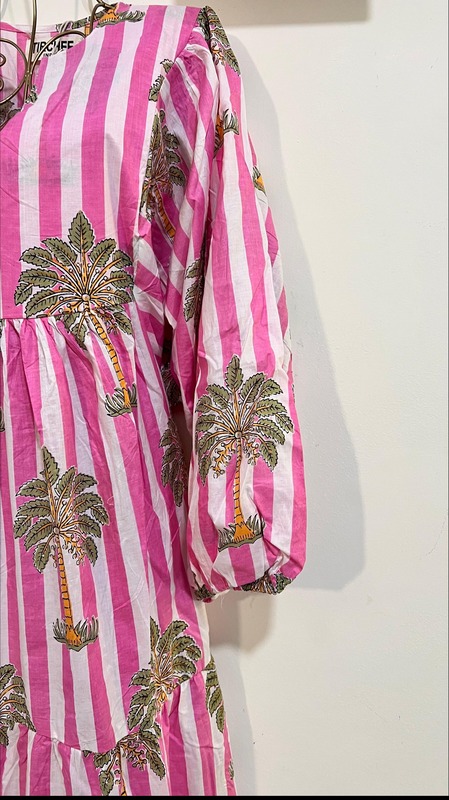 Jiya's Free-Size Flare Dress - Pink & White Stripes with Trees