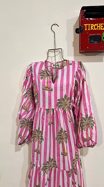 Jiya's Free-Size Flare Dress - Pink & White Stripes with Trees