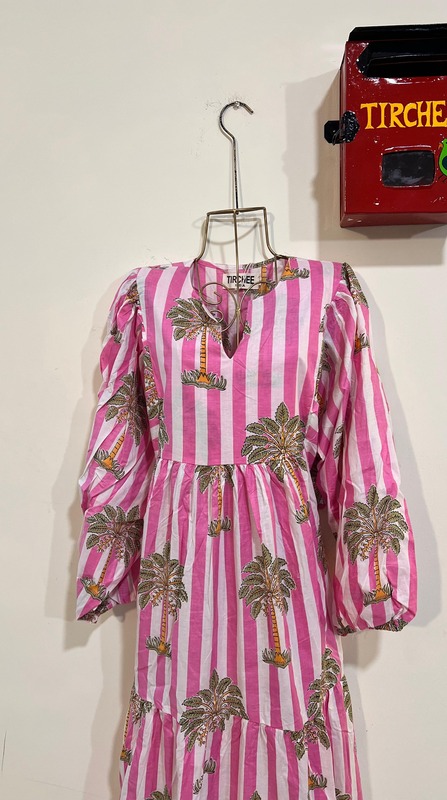 Jiya's Free-Size Flare Dress - Pink & White Stripes with Trees