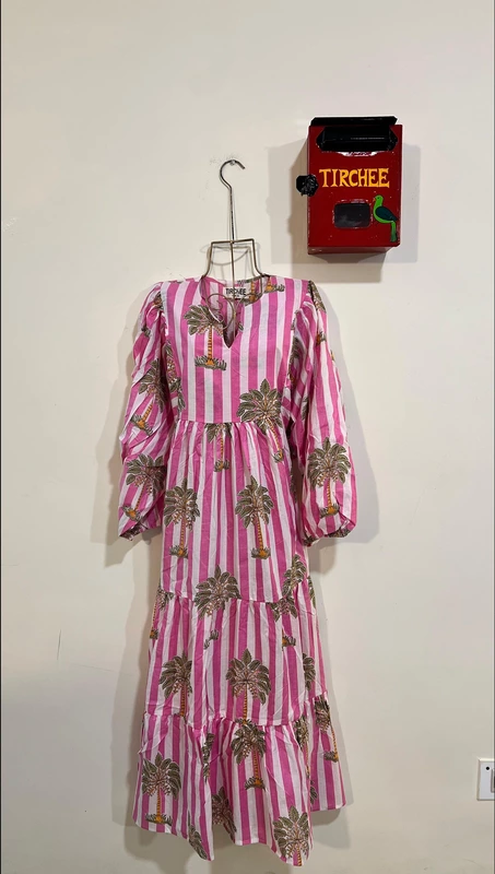Jiya's Free-Size Flare Dress - Pink & White Stripes with Trees