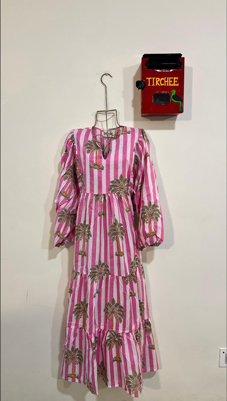 Jiya's Free-Size Flare Dress - Pink & White Stripes with Trees