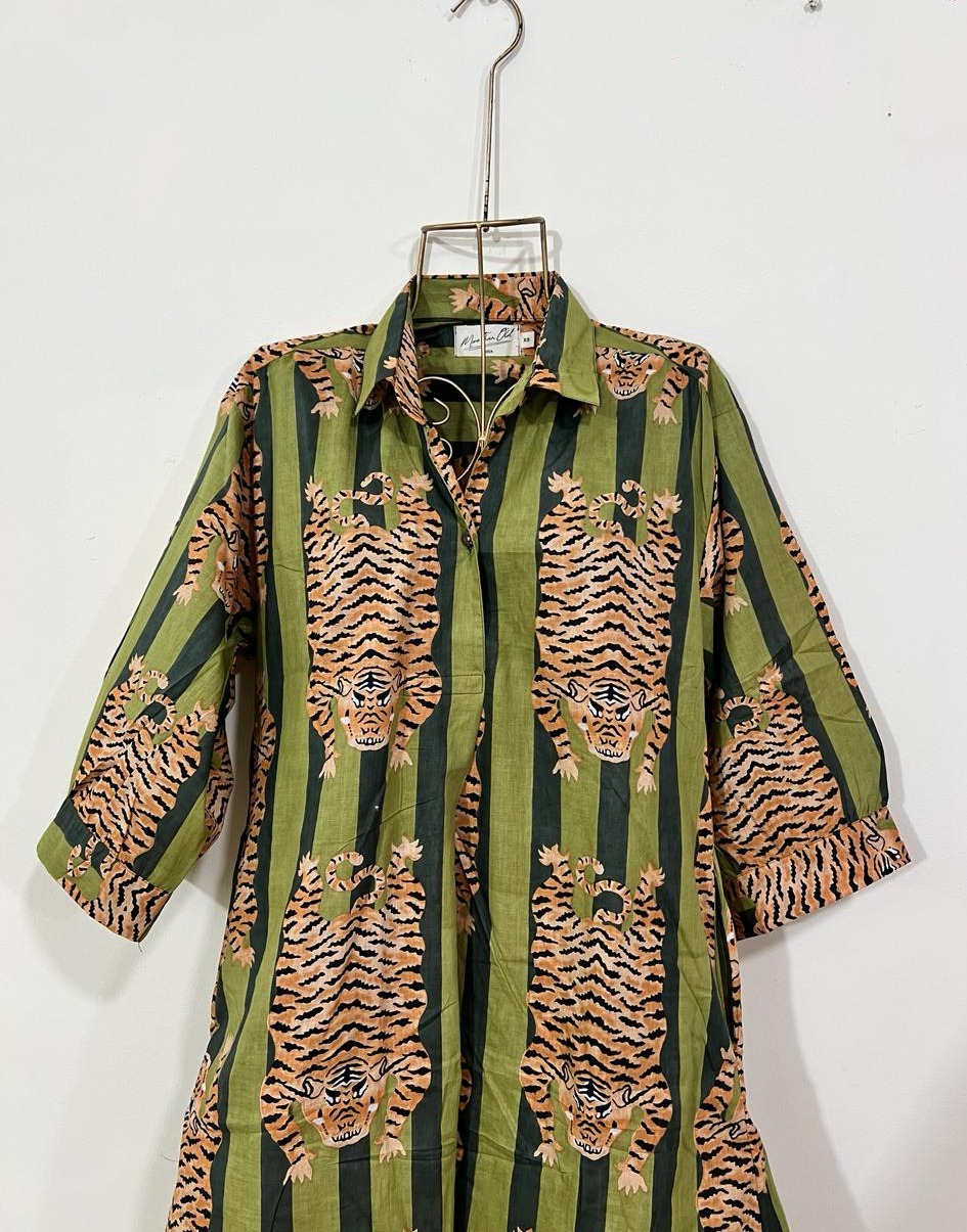 Waheeda's Collared top + Pant Set -Green stripes & tigers