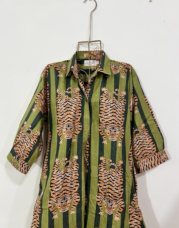 Waheeda's Collared top + Pant Set -Green stripes & tigers