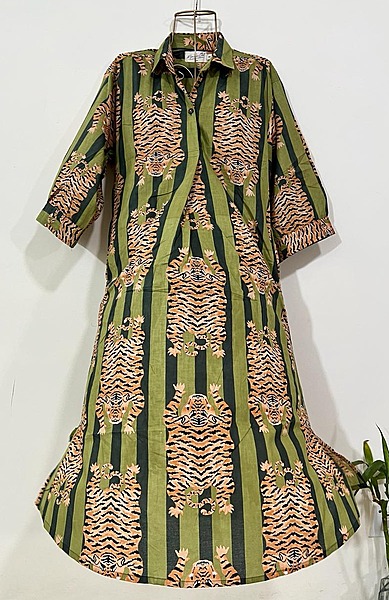 Waheeda's Collared top + Pant Set -Green stripes & tigers