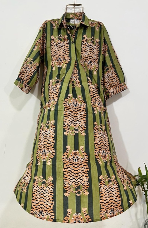 Waheeda's Collared top + Pant Set -Green stripes & tigers