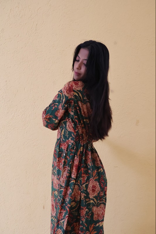 Heer's Easy Fit & Flare Dress - Bottle Green & Flowers