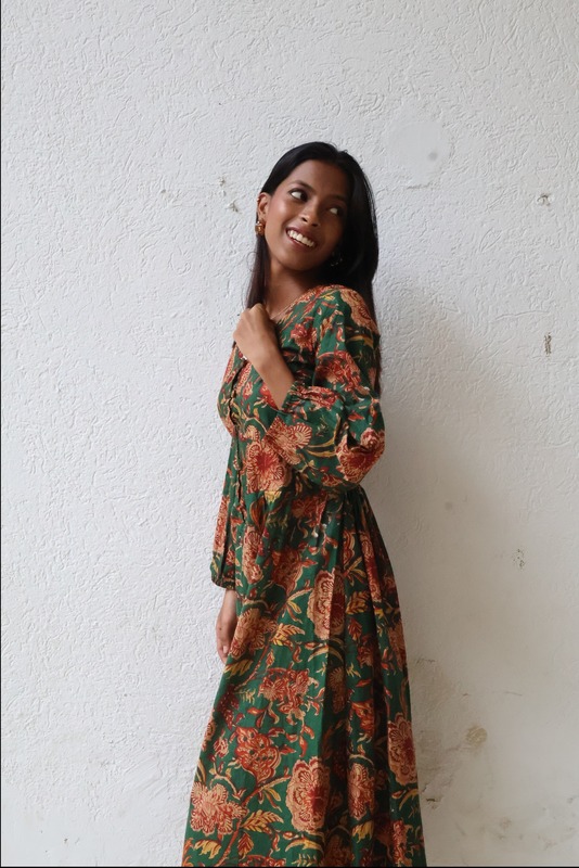 Heer's Easy Fit & Flare Dress - Bottle Green & Flowers