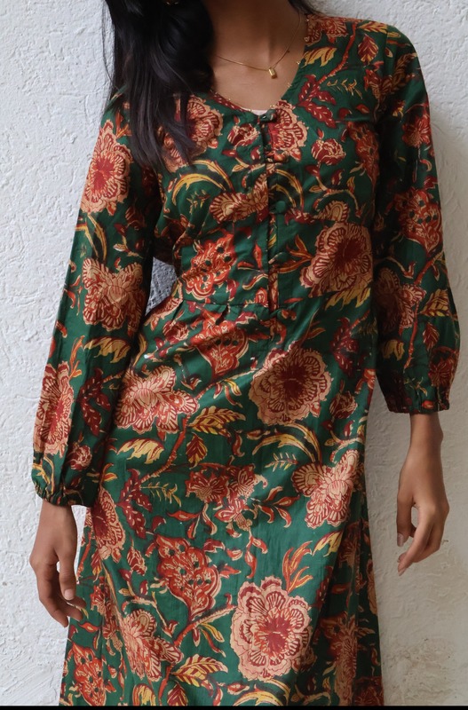 Heer's Easy Fit & Flare Dress - Bottle Green & Flowers