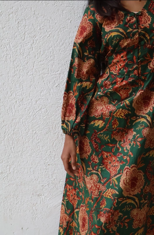 Heer's Easy Fit & Flare Dress - Bottle Green & Flowers