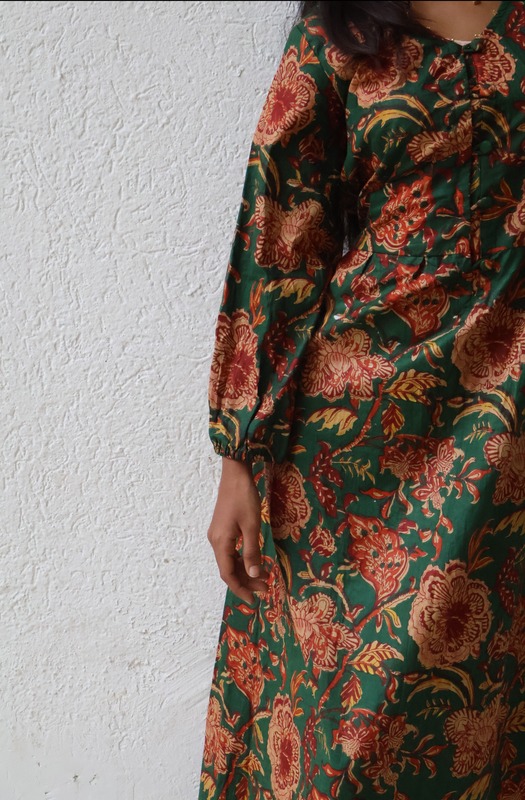 Heer's Easy Fit & Flare Dress - Bottle Green & Flowers