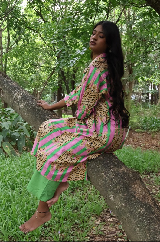 Waheeda's Collared top + Pant Set - Pink Green Stripes & Tigers