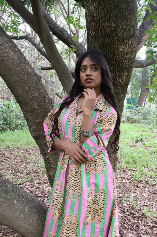 Waheeda's Collared top + Pant Set - Pink Green Stripes & Tigers