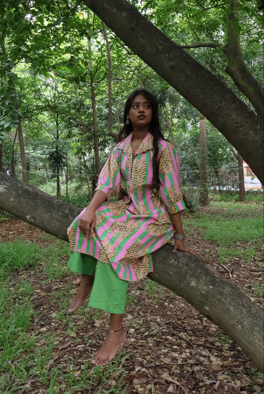 Waheeda's Collared top + Pant Set - Pink Green Stripes & Tigers