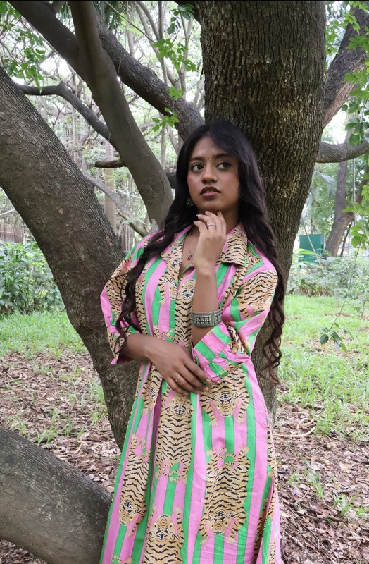 Waheeda's Collared top + Pant Set - Pink Green Stripes & Tigers