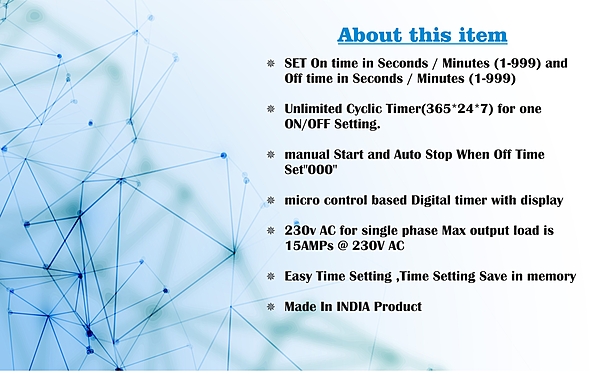 ELEQUA Cyclic Timer (ON/Off in SEC./MIN.) for Fogger,Hydrophonics and Other cyclic & Auto Stop Application Up to 1Hp/15A