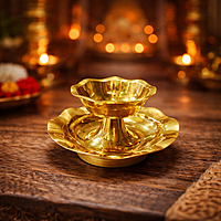 Brass Oil Diya with Plate | Traditional Golden Deepam with Base for Pooja Room & Temple