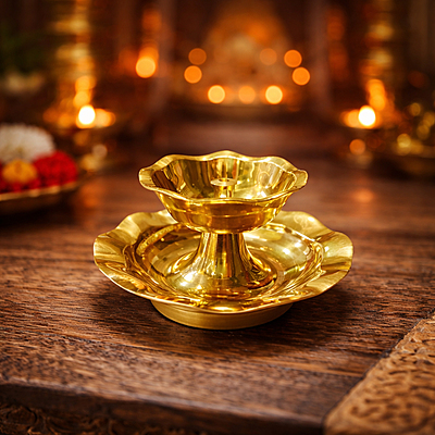Brass Oil Diya with Plate | Traditional Golden Deepam with Base for Pooja Room & Temple