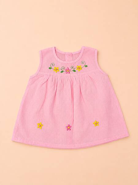 Nirai Cotton Embroidered Baby Frock - (0-6m) Pink Nirai Cotton Embroidered Baby Frock - (0-6m) Pink