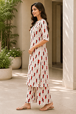 Women's Off-White Abstract Print Kurta Palazzo Co-Ord Set | Stylish Cotton Outfit Women's Off-White Abstract Print Kurta Palazzo Co-Ord Set | Stylish Cotton Outfit