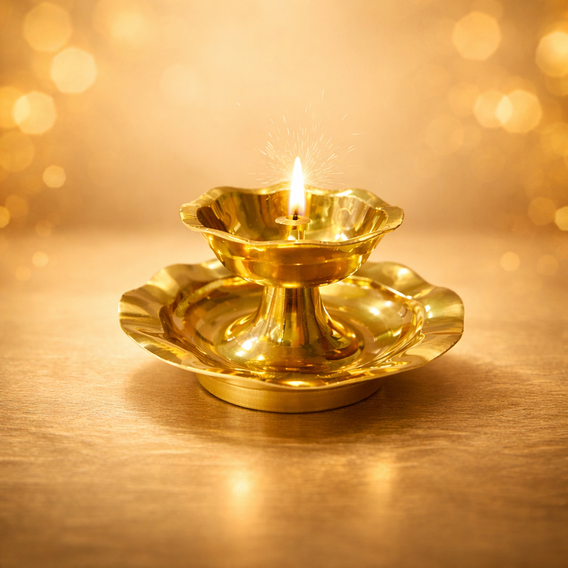 Brass Oil Diya with Plate | Traditional Golden Deepam with Base for Pooja Room & Temple