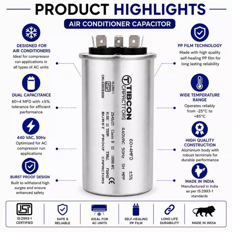 Tibcon 60+4 MFD Dual Air Conditioner Capacitor | 440V | Aluminium | Burst Proof