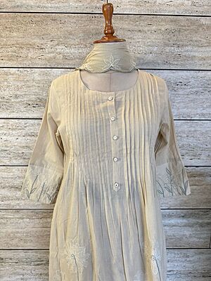 Pure Cotton Dupatta Set With Embroidery Beige